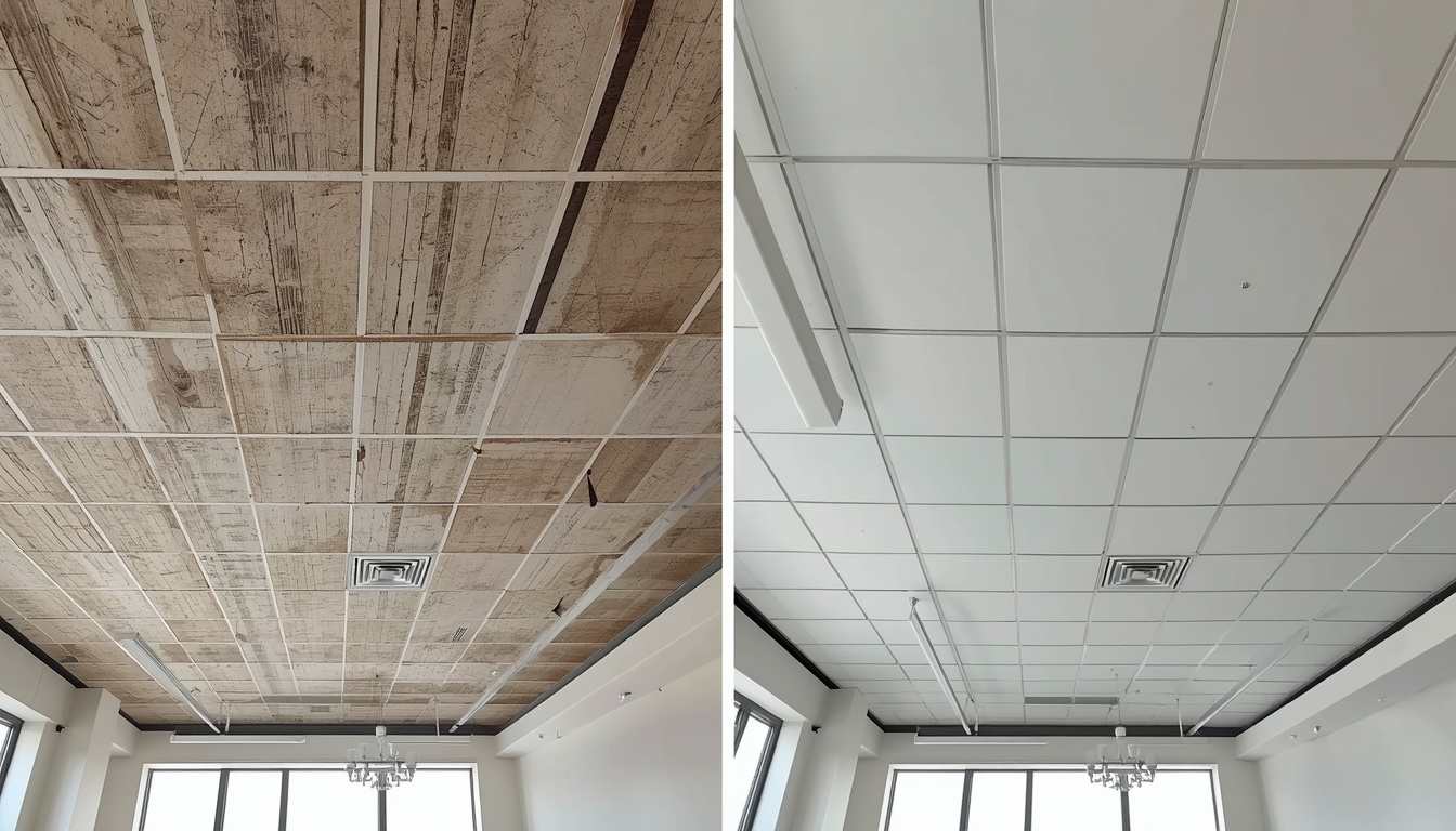 Before and after of a commercial building exposed ceiling upgrade in Salford
