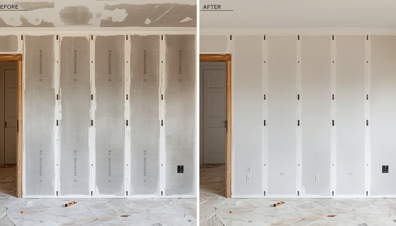 Before and after of a new-build partition wall in Salford — metal stud framing to skim-finished plasterboard