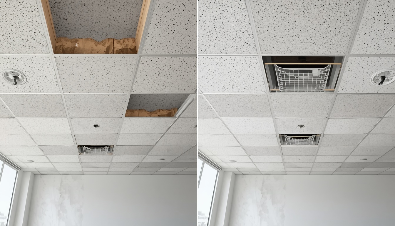 Before and after of an office suspended ceiling installation in MediaCityUK Salford