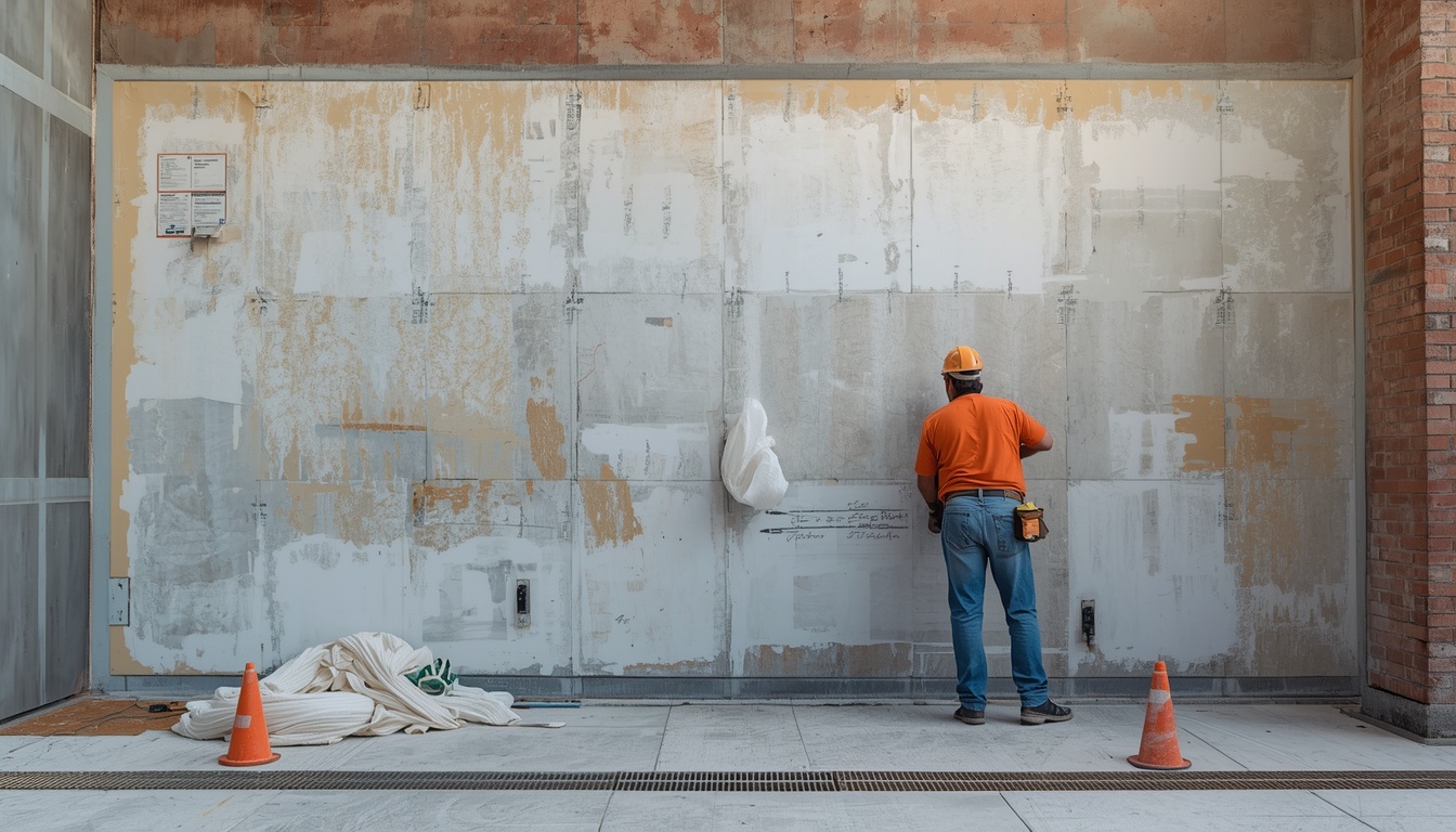Drylining contractor in hi-vis working on a commercial wall in Salford