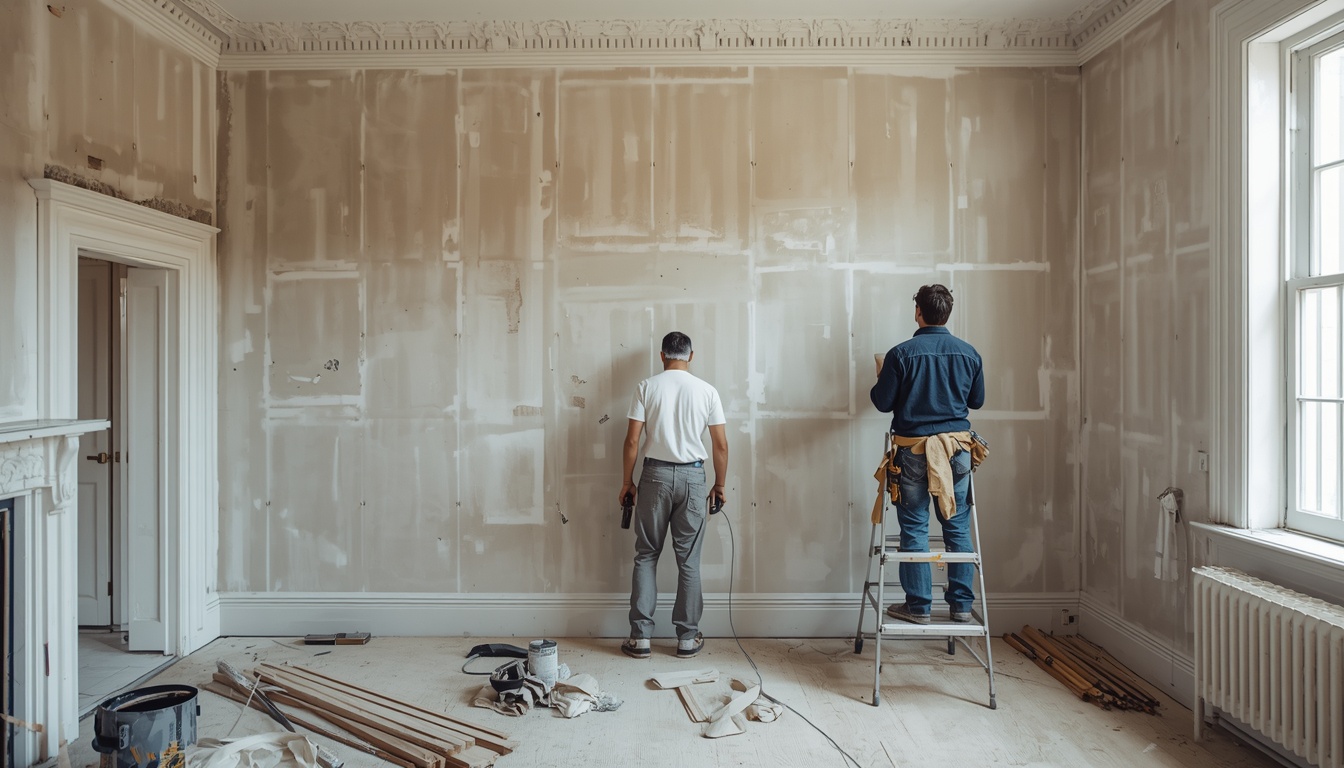 Drylining contractors installing a partition wall in a Victorian house in Salford